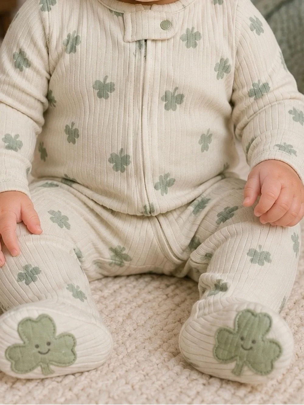 Carter's Cream Ribbed One-Piece with Green Clover Print